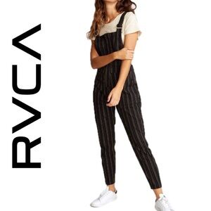 NWT RVCA Overland Striped Black Overalls w Stretch MSRP $85 Front Zip Tapered